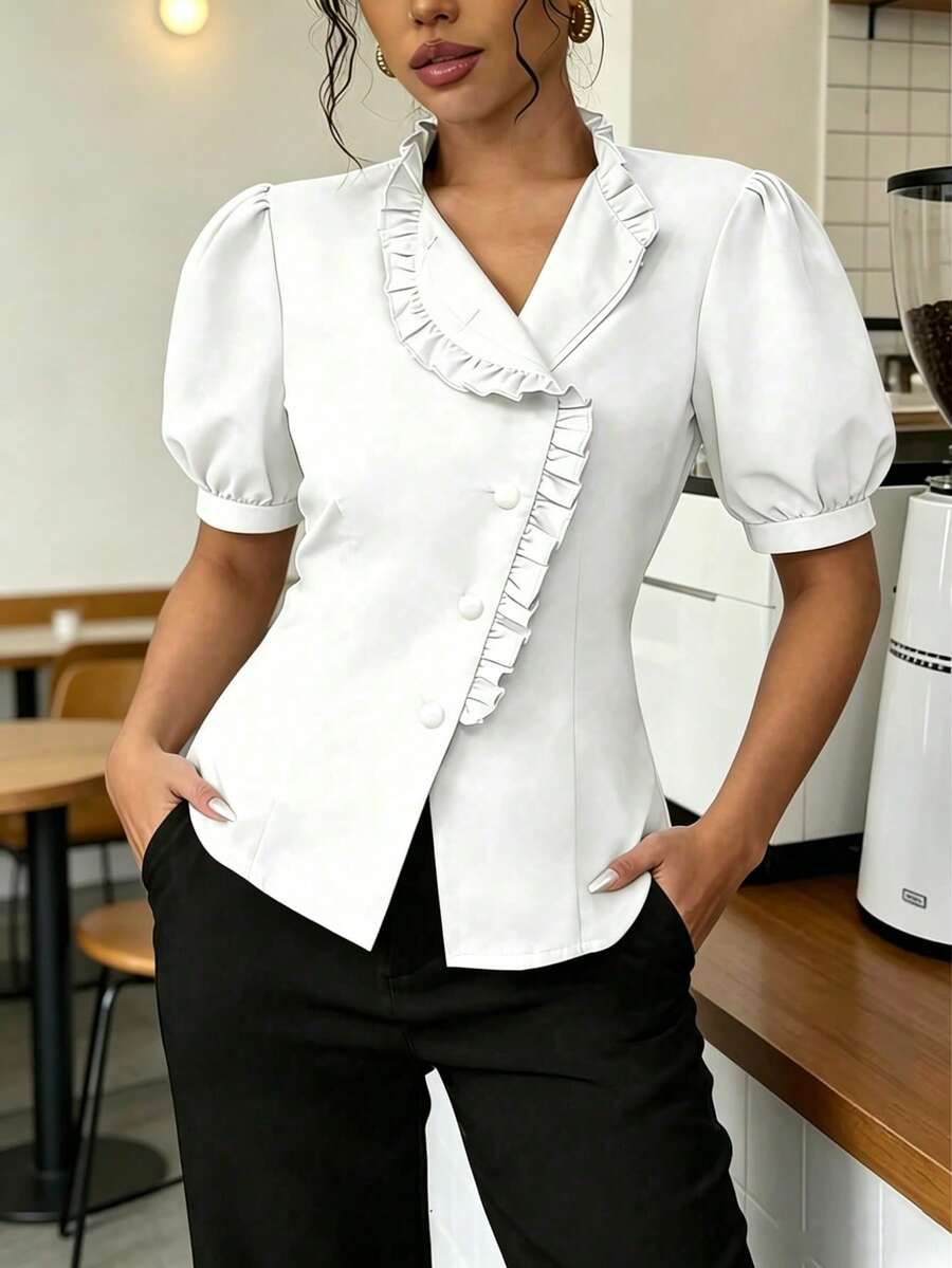 Blouse asymétrique à col et boutons polyvalente pour femmes, élégante pour le travail, blanche, été - Blanc - Voir 1