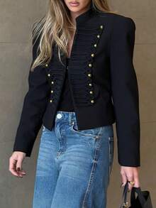 Vintage Military Style Gold Button Short Blazer, Women's Stand Collar Padded Shoulder Elegant Black Short Jacket, Fashionable Evening Outerwear - Black - View 3