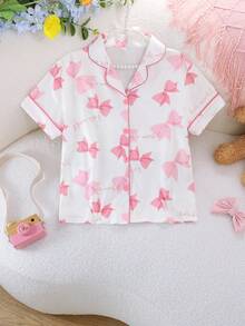 2 Stücke/Set Mädchen lässig Schmetterling Muster Polokragen Kurzarm Cardigan und Shorts Pyjama Set, Flammhemmend, Ganzjährig - Weiss - Übersicht 3