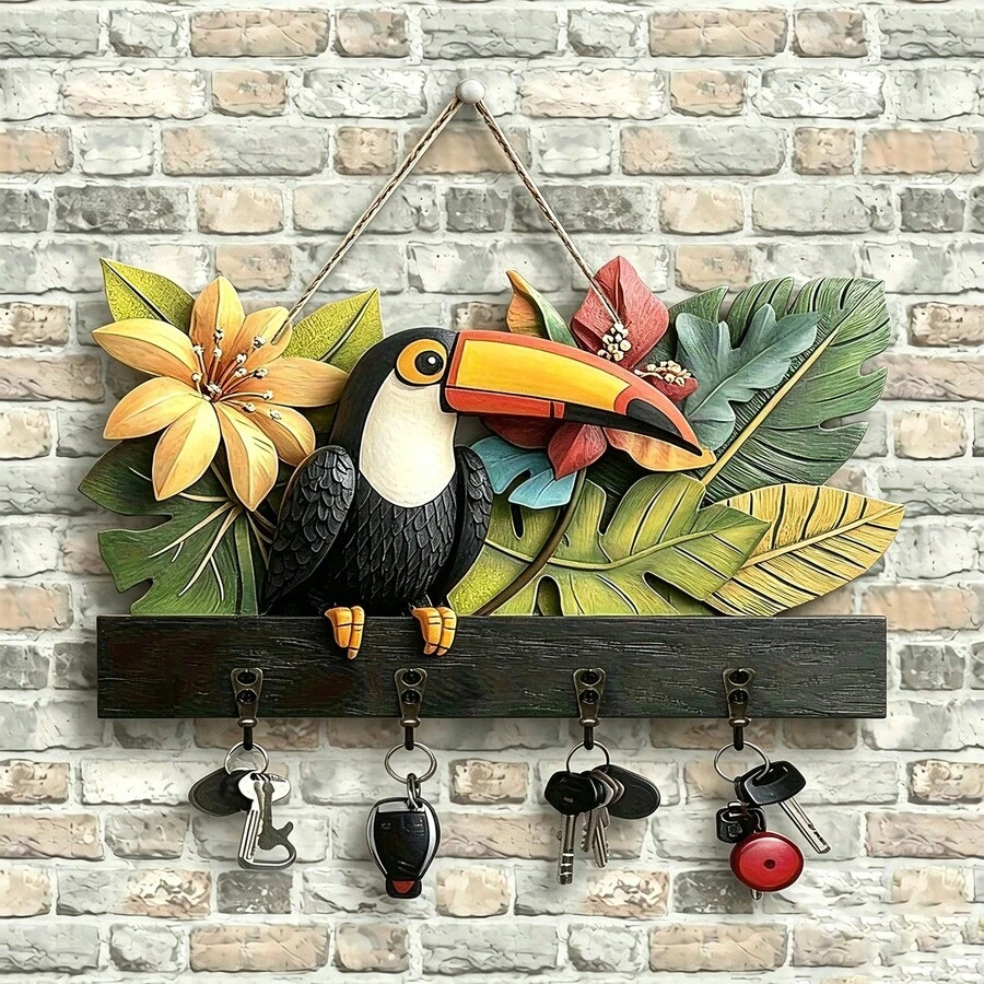 2D Art Piece Depicting A Beak Bird And A Wooden Sign, Key Organizer With Simple Colored Wooden Key Hooks, 4 Metal Hooks, Wall Art Suitable For Decorating Walls, Entryways, Rooms, Villas, Seasonal Home Decor - Multicolor - View 1