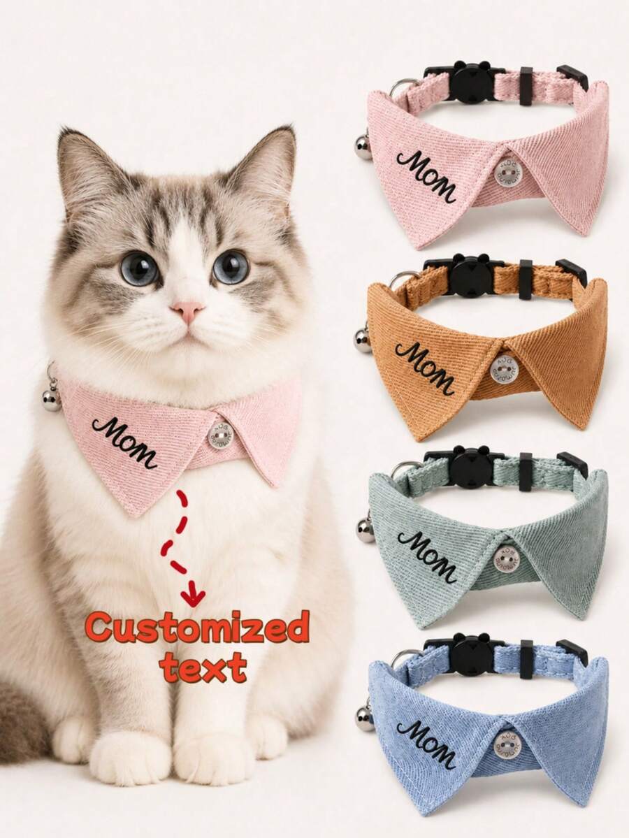 可客製化刺繡姓名寵物項圈，西裝領設計，可客製寵物姓名，附小鈴鐺與安全扣，可調節頸圍防止窒息，適合貓咪與小型犬，獨家文字刺繡精緻耐用，外出美觀裝飾，可有效防止遺失 - 彩色 - 查看 1