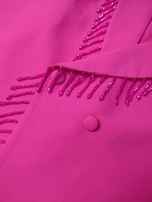 Blazer élégant et luxueux AOMEI pour femmes, rouge rose, coupe slim, col en V, avec franges et perles, ceinture à nouer, manches longues, veste de bureau pour les trajets, les affaires, convient pour les fêtes, les occasions formelles, la rentrée scolaire, la saison des remises de diplômes, les présentations d'affaires, l'église, l'académie, les concerts et les représentations - Rose vif - Voir 6