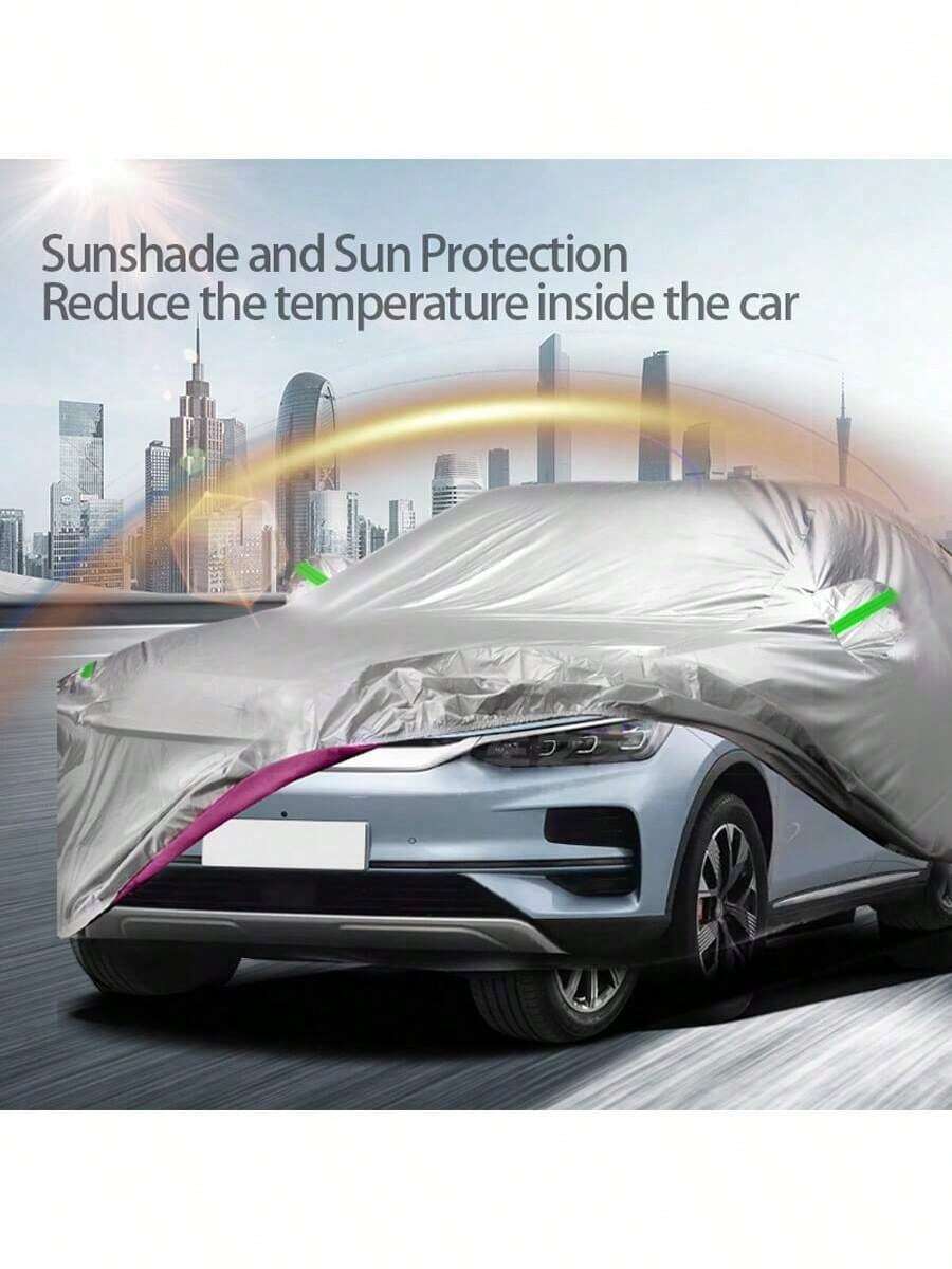 1pc Silver Car Cover For Indoor And Outdoor Use, Automatic Car Hood Sun Protection, UV And Dust Protection Cover, Suitable For Cars And SUVs, Reflective Strip Car Cover, Car Protection Cover, Silver Outdoor Car Cover - Silver - View 1