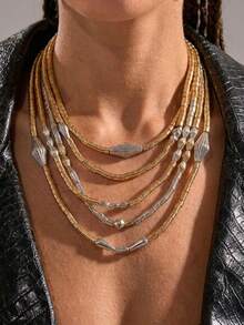 1pc Personalized Exaggerated Ins Metal Bamboo Joint Colorblock Necklace, Fashion Retro Geometric Beaded Layered Jewelry Set - Multicolor - View 7