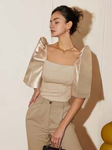 Blus Wanita Model Pendek Elegan Lengan Kelopak Warna Polos Kerah Tegak Leher Persegi untuk Musim Semi/Gugur - Sampanye - View 4