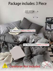 New Solid Color Dual-Tone Nordic Style Minimalist Polyester Fiber 3 PiecesDuvet Cover Set - Dark Grey - View 8