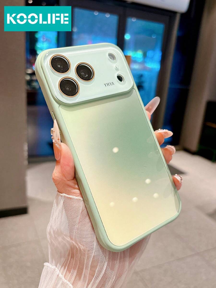 KOOLIFE 1pc Green Yellow Ombre Gradient Phone Case, Large Camera Window With Gold Rim, PC+TPU Shock Absorbing Bumper, Fresh Casual Minimalist Style, Anti-Scratch Back Cover Compatible With Apple 17/17pro/17promax/17Air/16/15/14/13/12/11