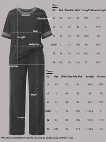 Spring/Summer Women's 2 Pieces Set, Casual Versatile Contrast Color Round Neck Short Sleeve Top And High Waist Drawstring Straight Leg Pants Elegant - Dark Gray + Gray - View 10
