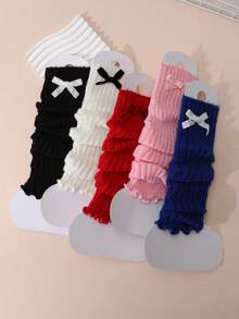 5 Pairs Girls Lace Trim Hand-Knotted Vertical Stripe Spring/Autumn Leg Warmers, Knitted Slouchy Leg Covers - Multicolor - View 7