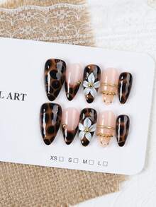 10pcs Apricot Nude French Press-On Nails, Vintage Tortoiseshell Style Fake Nails With 3D Flowers And Gold Decor, Reusable And Easy To Wear, Suitable For Daily Commute And Mature Dating, Ideal Gift For Women Handmade Press On Nails - Follow Your Heart - View 5