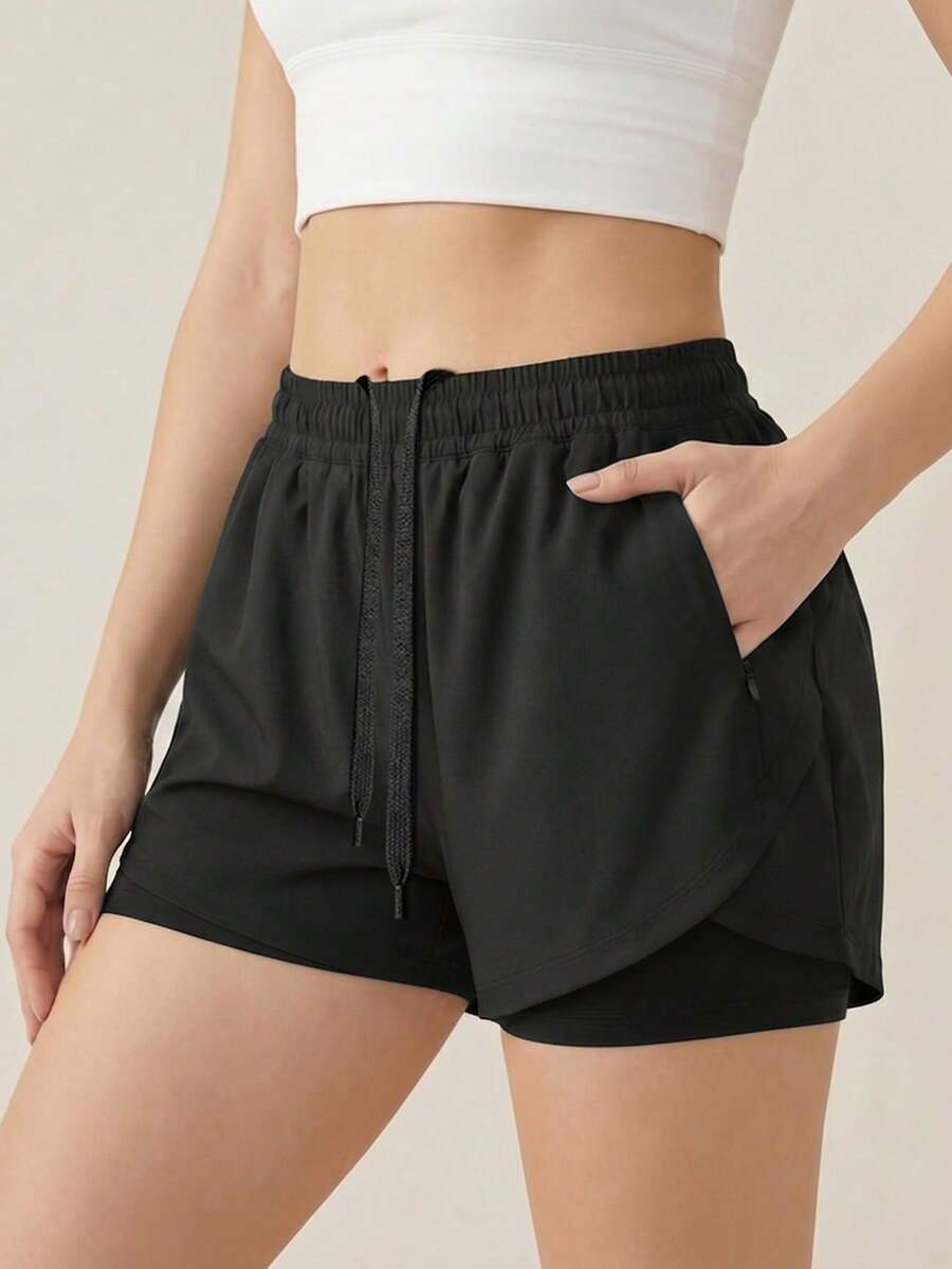 Women's 2-In-1 Running Shorts, Curved Hem Built-In Liner With Zipper Pocket For Gym & Workout Sports - Black - View 1