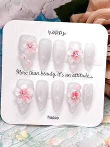 10 Stück handgefertigte Press-On-Nägel, lange Acryl-Kunstnägel in Mandelform, realistisches Set mit Sommer-Eiseffekt, 3D rosa Kirschblüte, Glasperlen und Cat-Eye, transparente weiße Nagelspitzen mit feinen Polka Dots, wiederverwendbar, für Damen - Follow Your Heart - Übersicht 3
