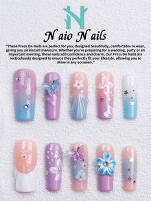 NAIO 10片/組手工穿戴式假指甲，3種尺寸：棺材形/杏仁形/短方型，Y2K夢幻風，馬卡龍漸層色，附3D蝴蝶與花朵設計、星星與水鑽裝飾，適合女性與女孩，日常使用與派對，女士美甲禮物首選 - 彩色 - 查看 19