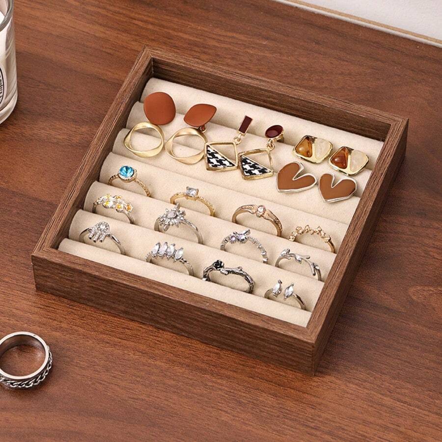 1 Stück Mehrfach-Fach Walnussfarben Vintage Minimalistisches Massivholz Samt Quadratisches Schmuckaufbewahrungs-Tablett, Ring & Ohrring Organizer, Schmuckdisplay-Tablett, geeignet für Schminktisch-Aufbewahrung, Schmuckladen-Display, Schlafzimmer-Schreibtisch-Dekoration, Geschenkverpackung - Verschiedenfarbig - Übersicht 1