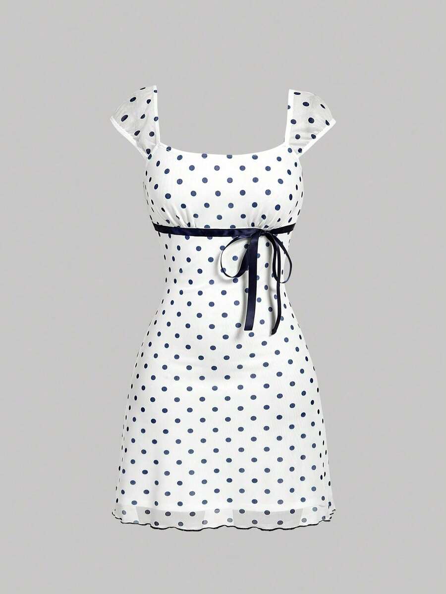 Floral Print Mesh Pleat Dress With Bow - Dark Grey - View 1