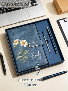 Personalized Birthday Flower Notebook And Pen Set, Customized Name Leather Notebook Gift, Women's Birthday Month Flower Notebook, Birthday/Teacher Gift - Multicolor - View 2