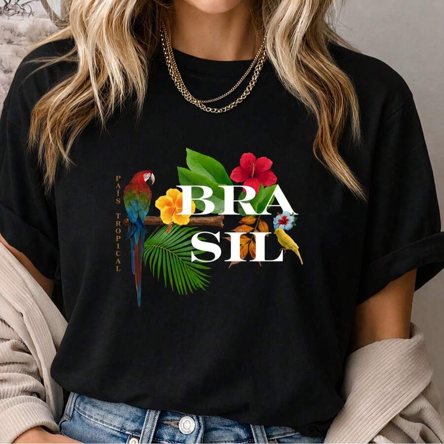 Camiseta Feminina Brasil Arara T Shirt Algodão 100% Básica Casual - Preto - Visão 1