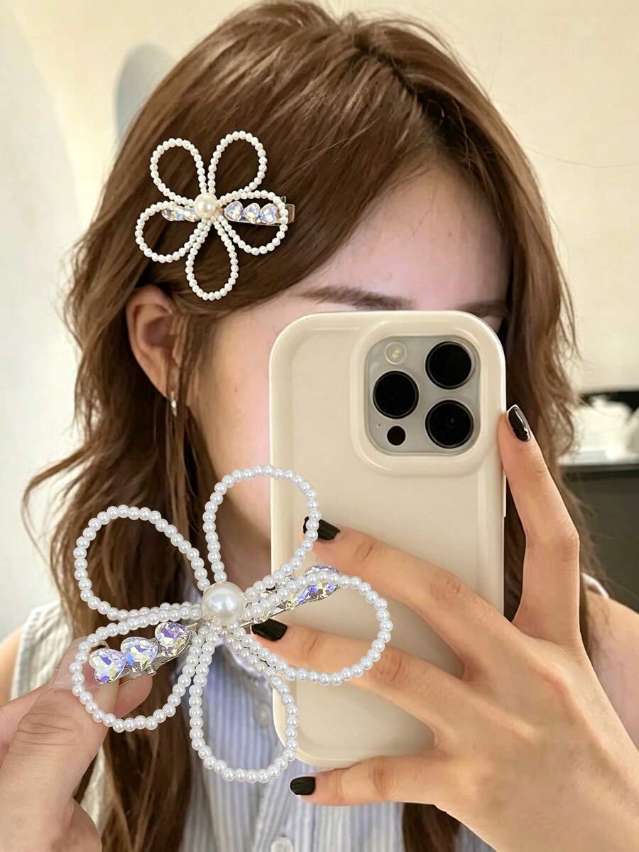 1pc Luxury Sparkling Rhinestone Handmade Wrapped Pearl Flower Hair Clip, Premium Fashion Versatile Side Bangs Clip,Hair Claws - Multicolor - View 1