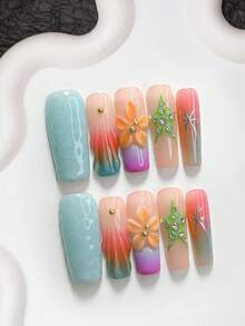 10pcs Island Vacation Style Handmade Press-On Nails, Polygel Nail Art Set, Five-Petal Flower Design, Star Pattern, Blue, Orange And Green Nail Polish, Casual Style, Includes Nail Tools, 3 Sizes Available, Almond Shape, Duck Shape, Coffin Shape, Suitable For Party, Dancing, Daily Wear - 彩色 - 查看 13