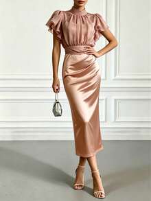Elegant 2-Piece Dresses Set For Women Chiffon Ruffle Sleeve Top & Satin Midi Party Dress Formal Birthday Wedding - Champagne - View 5
