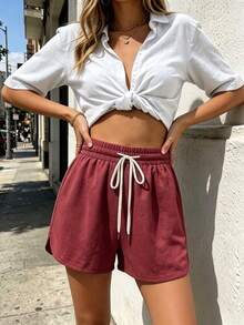 These Ribbed Pure Cotton Floral Print Women's Athletic Shorts Are Fashionable, Casual, And Versatile. Made Of Soft Fabric, They Are Perfect For Summer - Maroon - View 5
