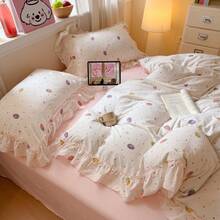 Lace Style Duvet Cover 3/4pcs Set, Strawberry Pattern Print, Soft And Comfortable Bedroom Bedding, Korean Style Large Lace Design Floral And Plant Pattern, Breathable Soft All-Season Bedding Set, Includes 1 Duvet Cover, 1 Bed Sheet, 1 Or 2 Pillowcases, No Filling, Suitable For Bedroom, Dormitory, Home Use, Multiple Size Options - Pink - View 9