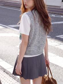 Alicedudu Cardigan Vest Rajut Minimalis Kasual Musim Gugur untuk Wanita dengan Motif Bunga dan Warna Kontras - Grey - View 3