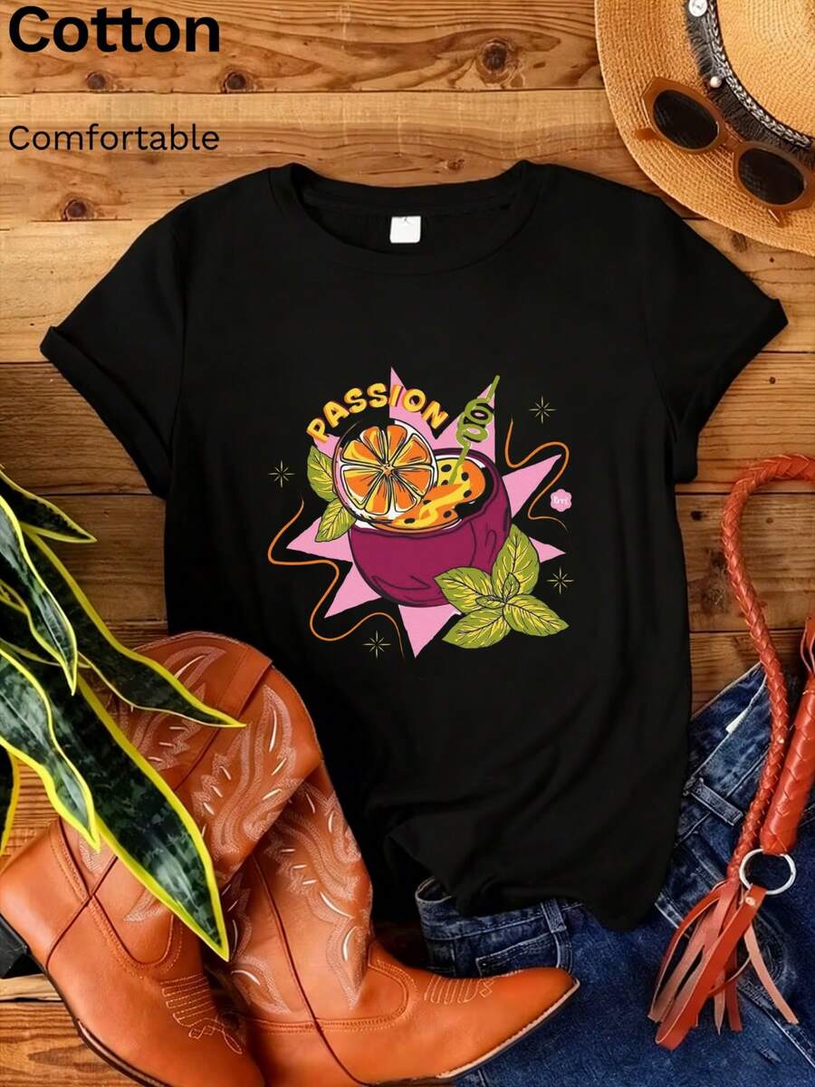 Nuova T-shirt Estiva da Donna con Stampa Frutto della Passione - Casual, elegante e retrò, a maniche corte, altamente elastica, aderente, perfetta per l'uso quotidiano e le uscite, - Nero - Visualizzare 1