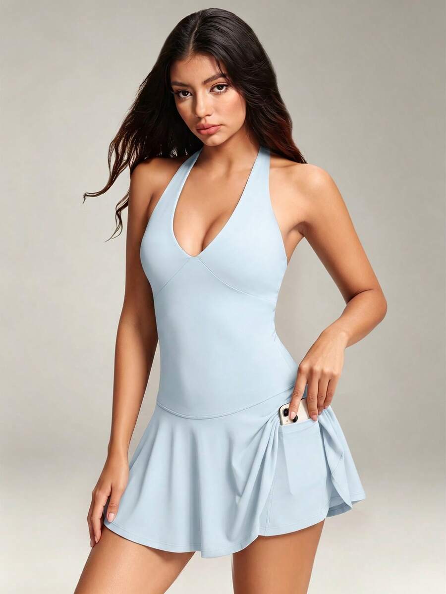 VVX Women's Tennis Dress Halter V Neck With Built-In Compression Shorts Pockets, Backless Sport Yoga Pleated Dress For Indoor Outdoor Workout Sports - Sky Blue - View 1