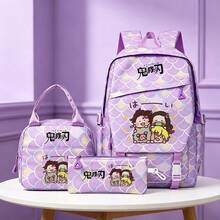 Miniso Demon Slayer 3-In-1 Backpack Set, Casual Daypack With Tote Bag And Pencil Pouch, Tanjiro Nezuko Zenitsu Inosuke Chibi Group Purple Mermaid Scale Print L - Mauve Purple - View 3