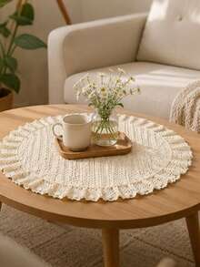 Bubaba Vintage Crochet Lace Round Table Mat, 60cm/40cm Handmade Hollow Lace Tablecloth With Scalloped Edge, Farmhouse Style Decorative Centerpiece For Coffee Table, Dining Table, Vanity - Beige - View 1