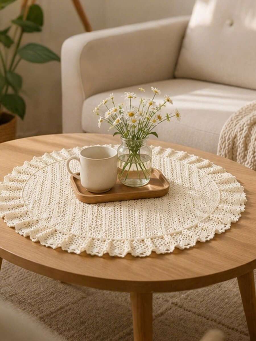 Bubaba Vintage Crochet Lace Round Table Mat, 60cm/40cm Handmade Hollow Lace Tablecloth With Scalloped Edge, Farmhouse Style Decorative Centerpiece For Coffee Table, Dining Table, Vanity - Beige - View 1