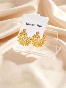 1 Pair Women's Stainless Steel Hollow Gold-Plated Earrings Suitable For Daily Wear - Mesh Earrings - View 4