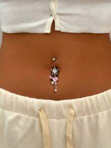 1pc Pink Heart Zirconia Planet Pattern Pierced Belly Button Ring, Delicate And Sexy, Suitable For Women's Daily Wear, Dating, Party And Gathering - Yellow Gold - View 1