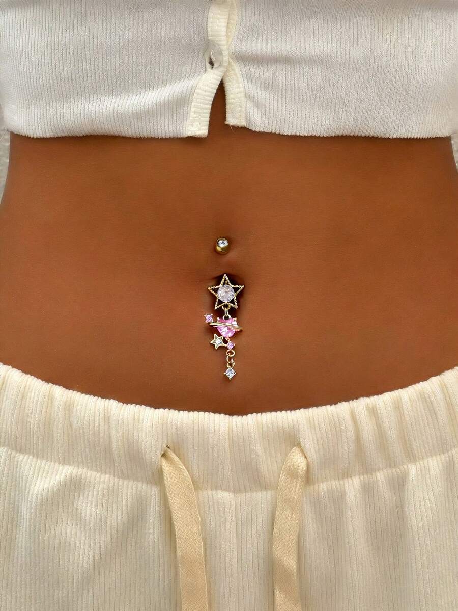 1pc Pink Heart Zirconia Planet Pattern Pierced Belly Button Ring, Delicate And Sexy, Suitable For Women's Daily Wear, Dating, Party And Gathering - Yellow Gold - View 1
