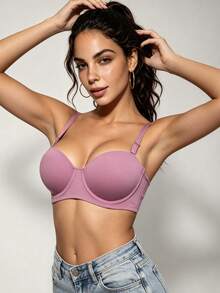 1pc Women's Comfortable Soft Cotton Wireless Half-Cup Push-Up Bra, Suitable For Small Bust - Lilac Purple - View 4