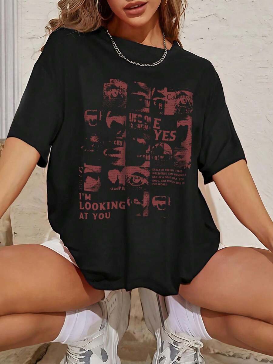 T-Shirt With Letter Graphic And Drop Shoulder, "I WATCH YOU EARLY IN THE DAY, IT WAS WHISPERED THAT WE WILL ONLY SAIL WITH YOU IN ONE BOAT." - Black - View 1