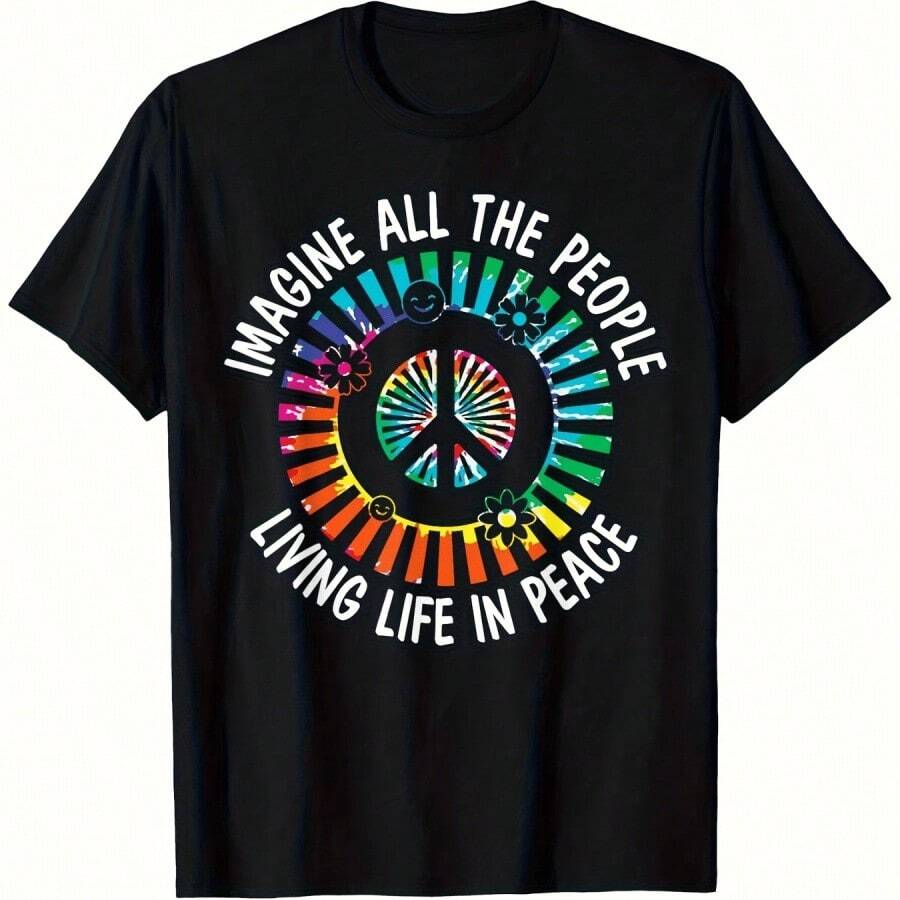 Imagine All People Living In Peace Hippie Graphic T-Shirt - Vintage 60s70s Retro Peace Symbol Design Heavyweight 180gsm - 黑13 - 查看 1