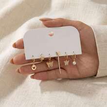 Multi-Style Stackable Earring Set 6 Pieces Rhinestone Butterfly Pearl Hoop Earrings Jewelry Gift For Women Girls Birthday Present - Gold - View 2