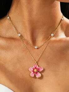 1pc Sparkling Elegant Luxury French Vintage Handmade Oil-Drip Gradient Tie Dye Pink Egg-Shaped Flower Pendant Necklace - Pink - View 8