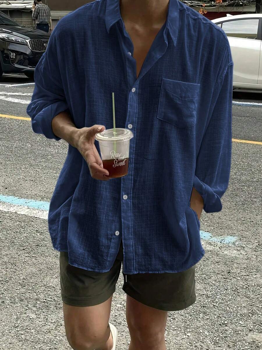 男士純色長袖單排扣口袋寬鬆休閒廓形襯衫，秋季