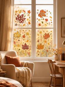 Autumn Maple Leaf Window Decals, Hand-Painted Thanksgiving Window Stickers With Pumpkin, Acorn And "Happy Autumn" Text, Reusable Static Cling Autumn Window Decals, Suitable For Thanksgiving Harvest Home And Kitchen Decor - Multicolor - View 3