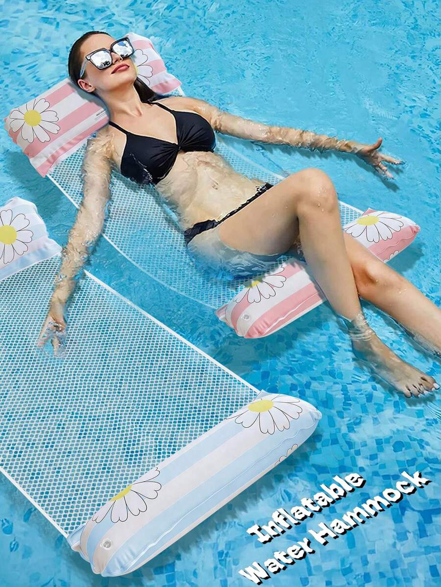 Daisy Striped Print Adult Inflatable Water Hammock, Dual Air Pillow Breathable Mesh Floating Lounge Chair, Multi-Position Portable Pool Float, Suitable For Beach, Lake, Summer Sunbathing, Pool Leisure