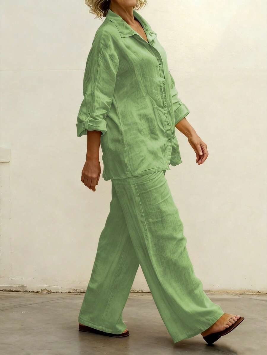 Slim-Fit Polo Collar Casual Cardigan, Versatile Solid-Color Stylish Shirt For The Beach, Everyday Wear, Work, Soft And Comfortable Fabric; Loose-Fitting Elastic-Waist Pants - 蔥 - 查看 1