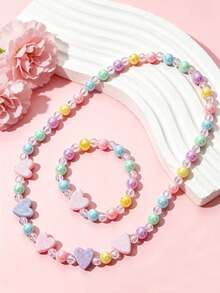 2pcs/Set Girls Heart-Shaped Beaded Necklace And Bracelet, Cute Jewelry Accessories, Suitable For Daily Wear, Holiday Parties, Birthday Gifts - one-size - View 3