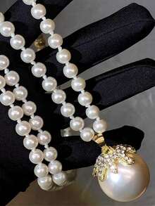 1pc Elegant Rhinestone Decorated Faux Pearl Long Necklace, Suitable For Women's Daily And Party Wear, Ideal Gift For Friends - Multicolor - View 3