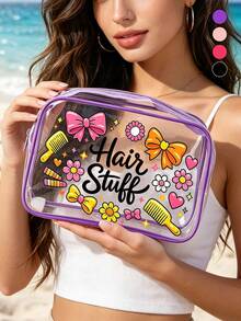 Bolsa de maquillaje de viaje con lazo, incluye peine para el cabello y bolsa de maquillaje transparente con estampado floral y cremallera, bolsa organizadora de maquillaje portátil linda y colorida, decorada con detalles de corazón y estrella, diseñada para entusiastas de la belleza para viajes y almacenamiento diario de artículos de tocador y accesorios para el cabello, adecuada para viajes, picnic, fiesta, cita, playa, verano, regreso a la escuela, dormitorio, Día del Maestro, regalo del Día de la Madre - Multicolor - Ver 7