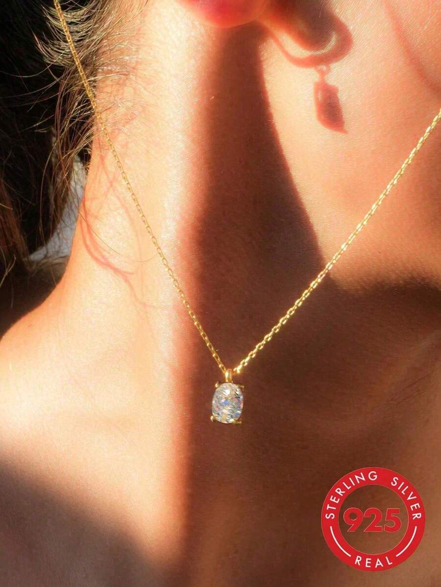 1 buah Kalung Liontin Kristal Tunggal Oval, Cocok untuk Wanita, Bahan Perak Sterling 925, Hadiah Perhiasan yang Indah