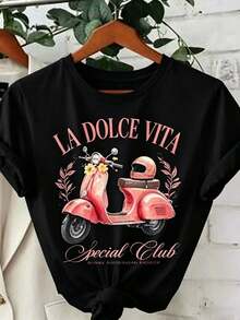 100% Baumwolle Damen-T-Shirt mit "La Dolce Vita" Roller-Print, lässiges Rundhals-Kurzarm-T-Shirt für Frauen, elegantes Vintage-Grafik-Top2026 - Schwarz - Übersicht 1
