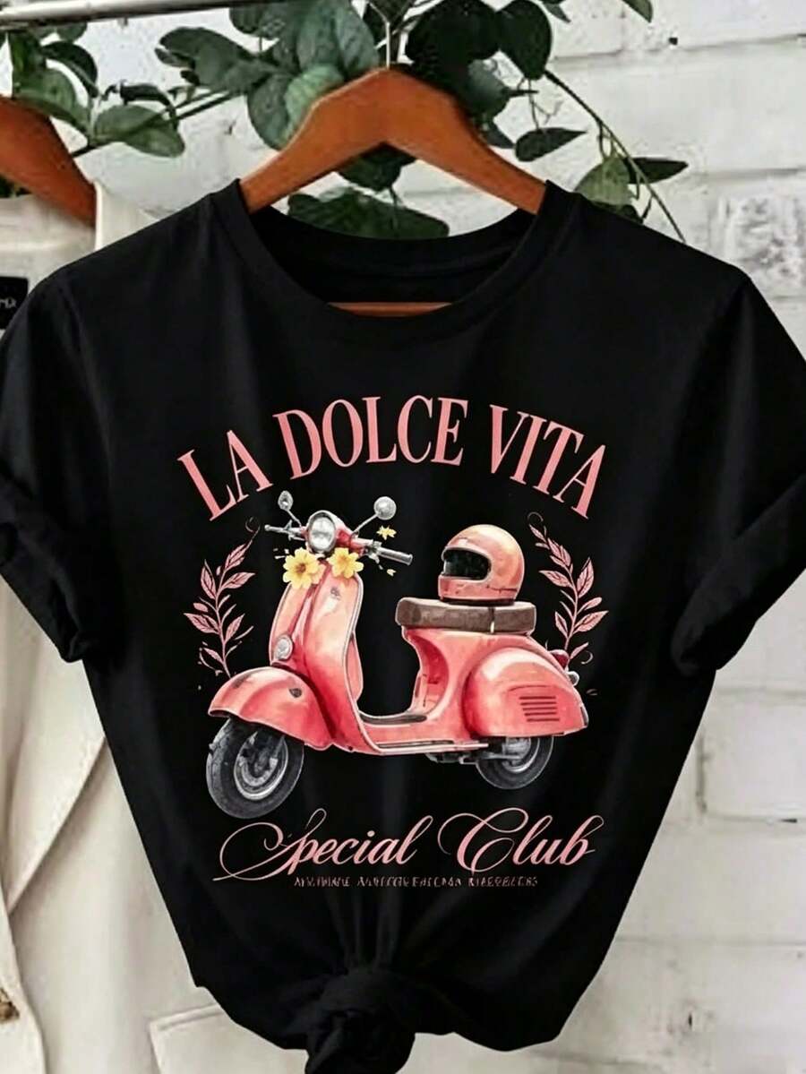100% Baumwolle Damen-T-Shirt mit "La Dolce Vita" Roller-Print, lässiges Rundhals-Kurzarm-T-Shirt für Frauen, elegantes Vintage-Grafik-Top2026 - Schwarz - Übersicht 1